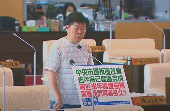 台中市議員陳政顯28日在議會要求，北區中央市場活化，停車場規畫應一次到位。（陳淑娥攝）