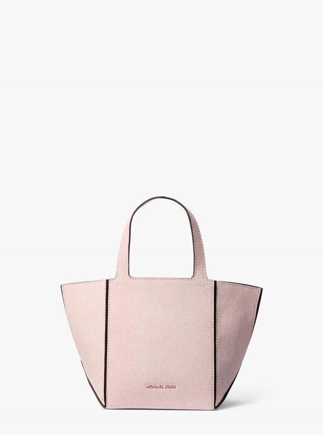  MICHAEL KORS Jordi玫瑰粉仿丹寧面料小提包，1萬2300元。（MICHAEL KORS提供／徐梓榕台北傳真）