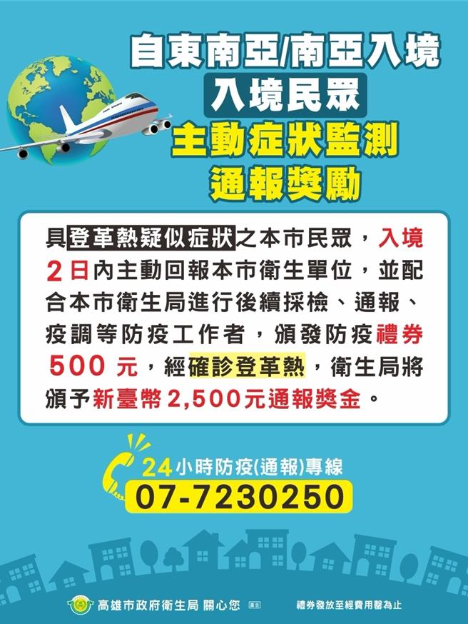 市民入境2日內採血獎勵。（高雄市政府衛生局提供／林雅惠高雄傳真）