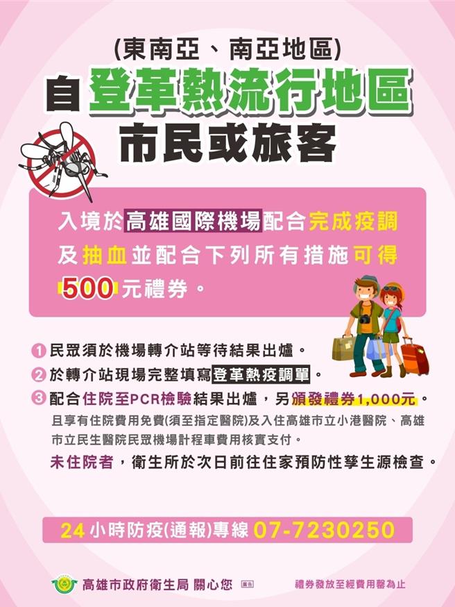 登革熱流行地區返國(住院獎勵)。（高雄市政府衛生局提供／林雅惠高雄傳真）