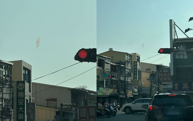 昨4月30日台南基地IDF於飛行訓練中，干擾飛彈用的火焰彈突自行擊發，事發後於天空中留下一團煙霧。（圖／簡姓網友授權提供）