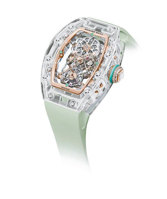 Richard Mille的RM 75-01飞行陀飞轮蓝宝石水晶腕表，全透明款，限量15只。（Richard Mille提供）