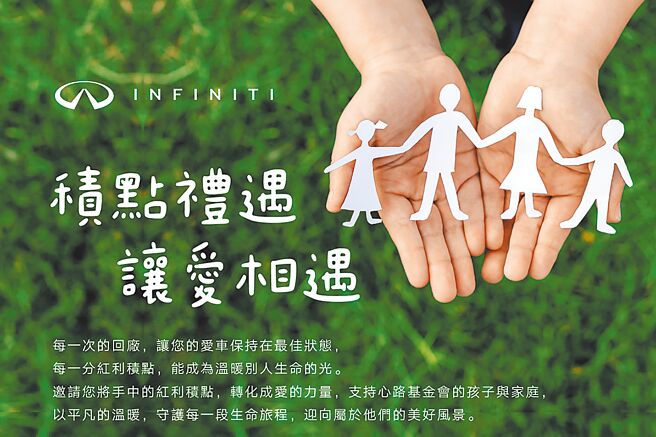 5月是感恩与温暖交织的季节，INFINITI自5月2日起至31日举办「积点礼遇‧让爱相遇」公益活动（见图），车主于活动期间回厂兑换任一INFINITI红利精品，INFINITI Taiwan将捐出100元给财团法人心路社会福利基金会，亦可选择以18888点红利点数兑换由「心路‧幸福+工场」精心制作的综合经典蛋卷礼盒，把对社会的关怀转化为实际行动。（裕隆日产提供）