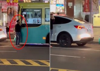 高雄公車靠站按喇叭驅趕違停 特斯拉猴不爽嗆「有種下車」