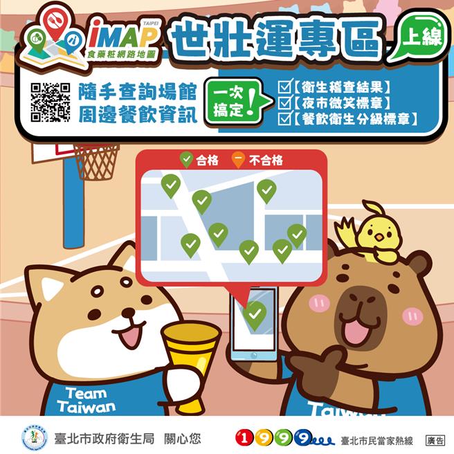 北市卫生局于食药粧网路地图（iMAP）设置「2025双北世界壮年运动会专区」。（图／北市卫生局）