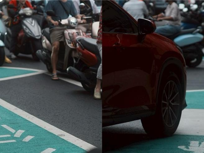 彰化縣議員溫芝樺以一系列現場照片，揭露車輛一不小心就會壓線，路幅縮減導致救護車受阻等交通亂象現況。（溫芝樺提供／葉靜美彰化傳真）