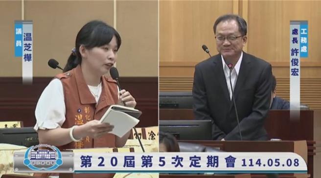 彰化縣議員溫芝樺（左）針對彰化市大埔路亂象質詢縣府工務處長許俊宏。（翻拍自彰化縣議會網站）