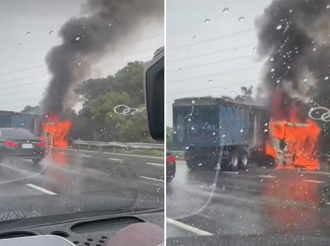 國3龍井段聯結車自撞！車頭烈火狂燒 驚悚畫面曝光