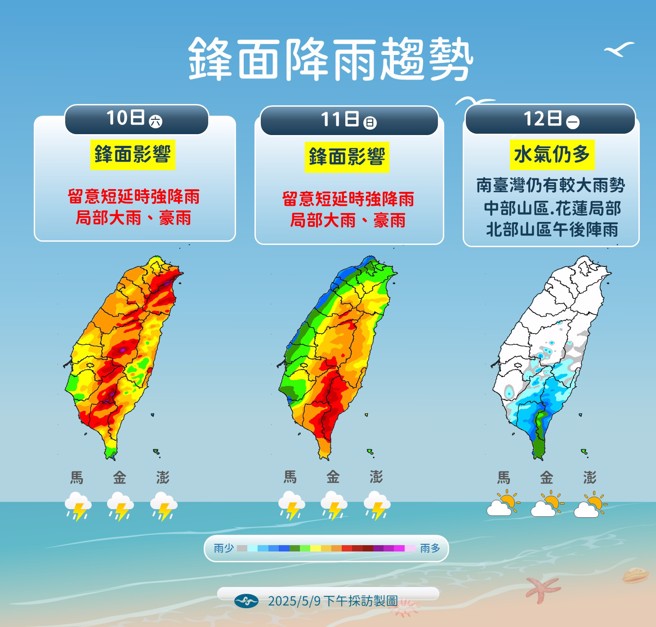 周末假期全台有雨，各地容易下大雨，且有局部豪雨機率。（中央氣象署提供）