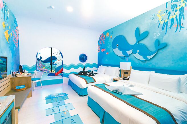海洋探险主题房：悠游于蔚蓝的海底世界。图／福容大饭店福隆提供