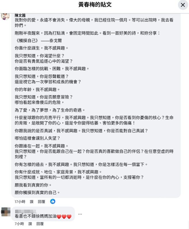陈文茜分享泰戈尔诗作《触摸自己》，鼓励S妈。（图／翻摄自脸书）