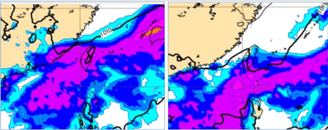 左圖：最新（24日20時）歐洲模式（ECMWF）29日20時模擬圖顯示，第4波梅雨季鋒面通過，挾南方水氣，有大範圍明顯降雨。右圖：連假首日（30日）11時模擬圖則顯示，鋒面已在巴士海峽，上半天中南台灣仍有局部雷陣雨。


