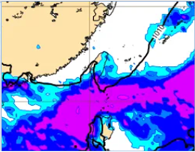 連假首日（30日）11時模擬圖則顯示，鋒面已在巴士海峽，各地先後好轉，南台灣仍有局部陣雨的機率。（翻攝自氣象應用推廣基金會）
