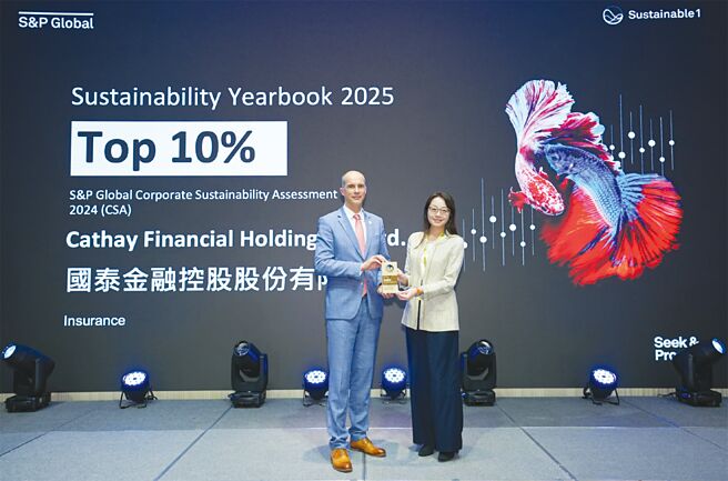 国际级永续评比机构标普全球（S&P Global）22日首度在台举行「2025年标普全球永续年鑑表彰典礼」，国泰金控从全球逾7,690家受评企业中脱颖而出，入选保险产业类别「全球Top 10％企业」荣耀，由国泰金控副总经理翁德雁（图右）代表出席受奖。  图／标普全球提供