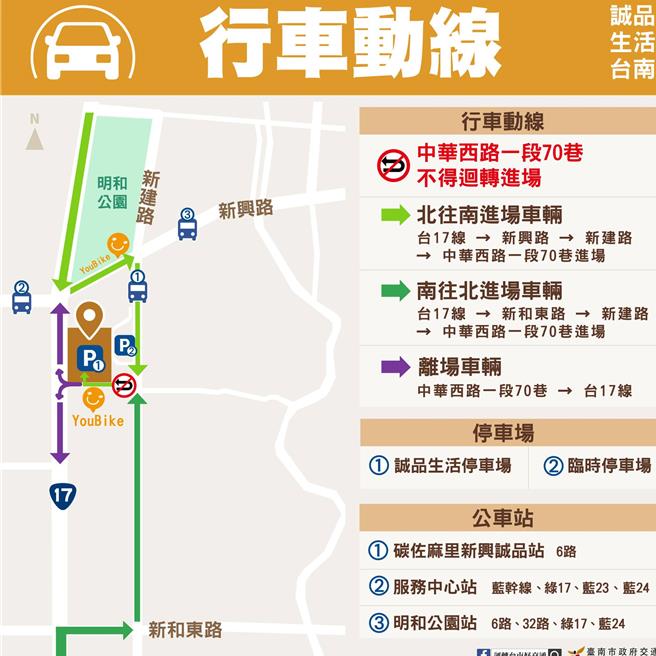 「诚品生活台南」行车动线图。（交通局提供／洪荣志台南传真）