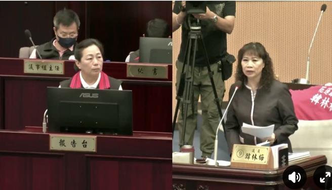 国民党籍花莲县议员韩林梅（右）今在议会质询关切统删对地方政策推动影响，县长徐榛蔚（左）回应，不排除提诉愿。（翻摄画面）