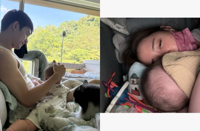 歐陽妮妮曬夫妻倆照顧病兒近照。（圖／小紅書 歐陽妮妮）