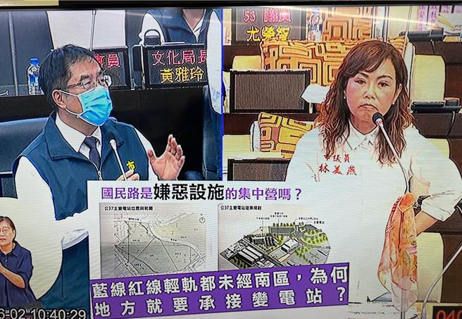 台南捷運第一期藍線、紅線主變電站傳將設在2條捷運都沒有通過的台南市南區國民路公37公園用地，引發地方反彈。市議員林美燕質詢怒批，「國民路難道是嫌惡設施的集中站嗎？」對此，市長黃偉哲當場承諾，變電站的設置將以捷運路線旁為主。（摘自台南市議會網站／洪榮志台南傳真）