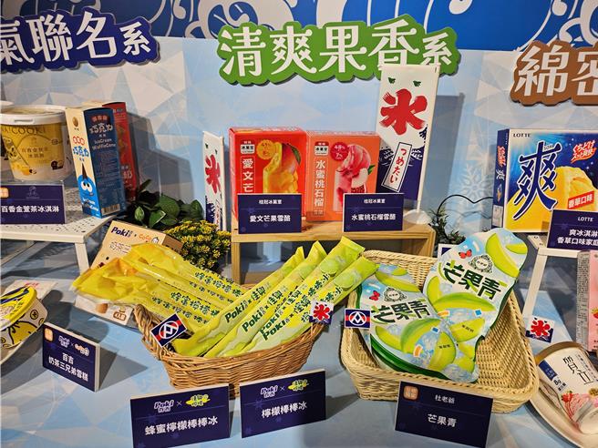 迎戰高溫就靠果香系，全聯引進高比例水果成分冰品，有桂冠愛文芒果雪酪、水蜜桃石榴雪酪、杜老爺芒果青等。（全聯提供）