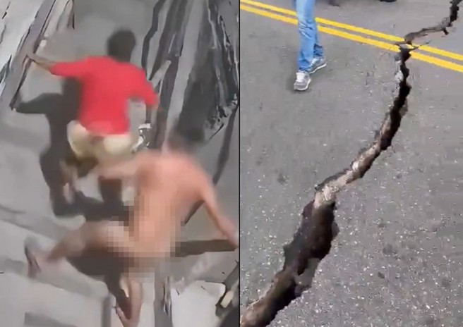 哥倫比亞發生規模6.3的大地震，震央所在的公路有巨大的裂痕，首都居民慌亂的全裸逃生。(圖/X)