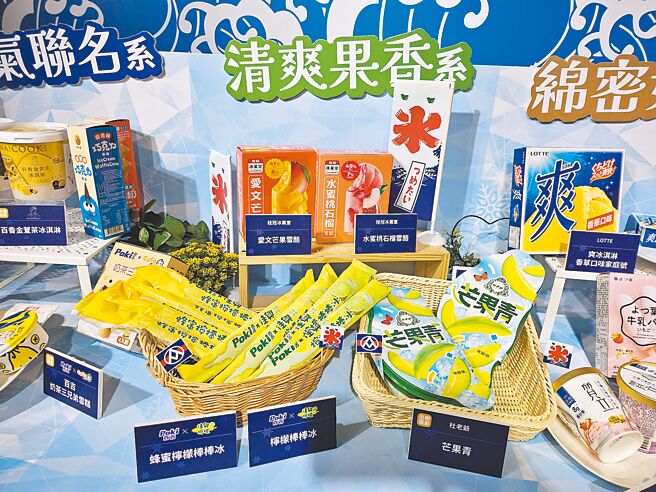 迎战高温就靠果香系，全联引进高比例水果成分冰品，有桂冠水蜜桃石榴雪酪、杜老爷芒果青等。（全联提供）