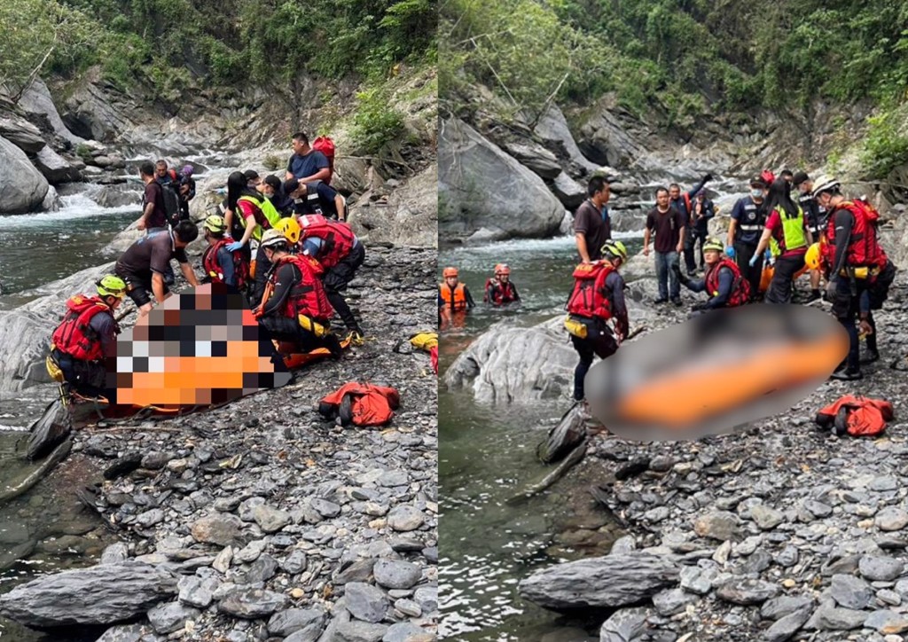 消防隊到場將3名溺水遊客救上岸送醫搶救。（翻攝畫面）