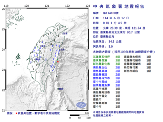深夜又震！台東近海規模5.0地震 最大震度4級