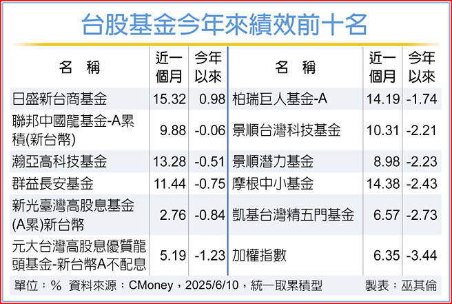 台股基金今年来绩效前十名