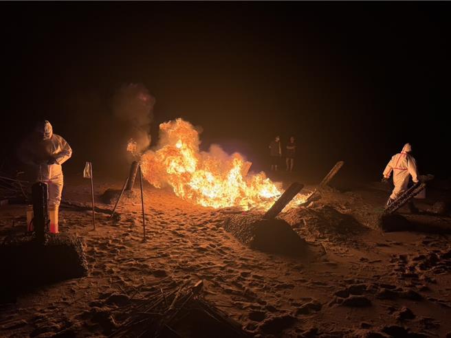 金門岸巡隊14日巡查時，在金寧鄉岸際發現一具漂流豬屍，立即通報金門檢疫站及防疫所，工作人員即時採樣、焚燒及掩埋。（圖／海巡署）