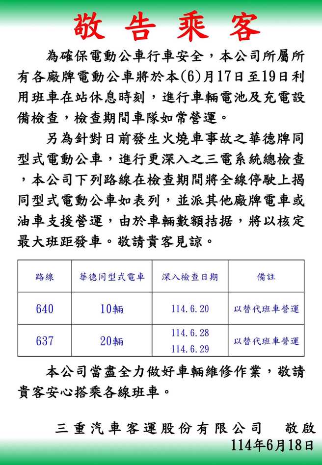 台北市262線一輛電動公車於16日晚間突發起火事件，引起台北地區公車業者高度警覺，三重客運發出公告。（三重客運提供）