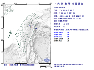 早上連2震！花蓮7：48規模3.2極淺層地震 震度2級