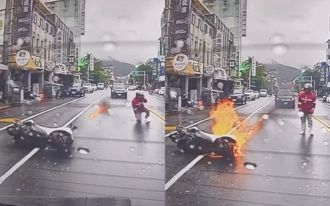 騎士閃車疑急煞自摔「燒出一條火線」 網驚：電影特效是真的