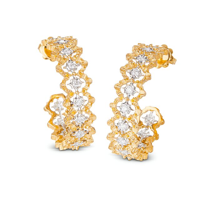 Buccellati的Rombi系列「Precious Circle」圈形耳环，图为黄金款。（Buccellati提供）