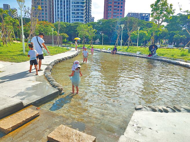 高雄市蓝田特色公园戏水池，遭民眾抱怨池底青苔多容易滑倒，议员希望市府建设特色公园同时，管理维护也要到位。（任义宇摄）