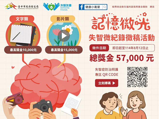 台中市卫生局即日起至8月12日举办「记忆微光．失智微纪录徵稿活动」，邀请全民以影像或文字，纪录轻度失智者及照顾者的生活片段与心路歷程。（台中市政府提供／冯惠宜台中传真）