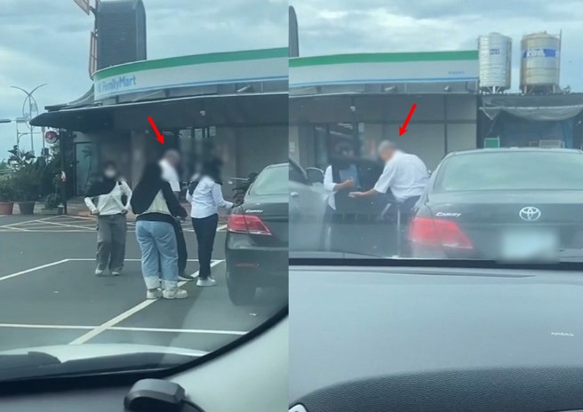 網友在屏東便利商店外，驚見疑似中風阿公開車，載三名女移工出遊，驚呼就像玩命關頭。（翻攝爆料公社）