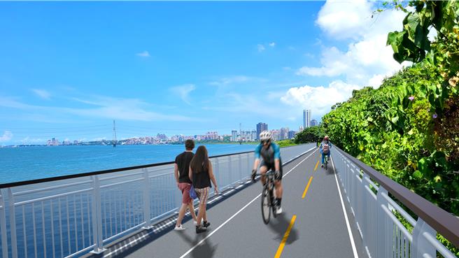 新北市府積極推動淡水金色水岸自行車道優化工程，繼「關渡段」與「海堤段」工程於今年初動工，「竹圍段」於今（30）日正式開工。圖為模擬示意圖。（圖／新北市高灘處）