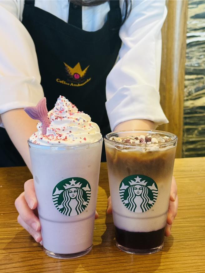 星巴克以紫色旋風飲品迎接夏日，包括「脆糖紫紅薯燕麥瑪奇朵」和「繽紛紫紅薯奶霜星冰樂」，170元起。（星巴克提供／朱世凱台北傳真）