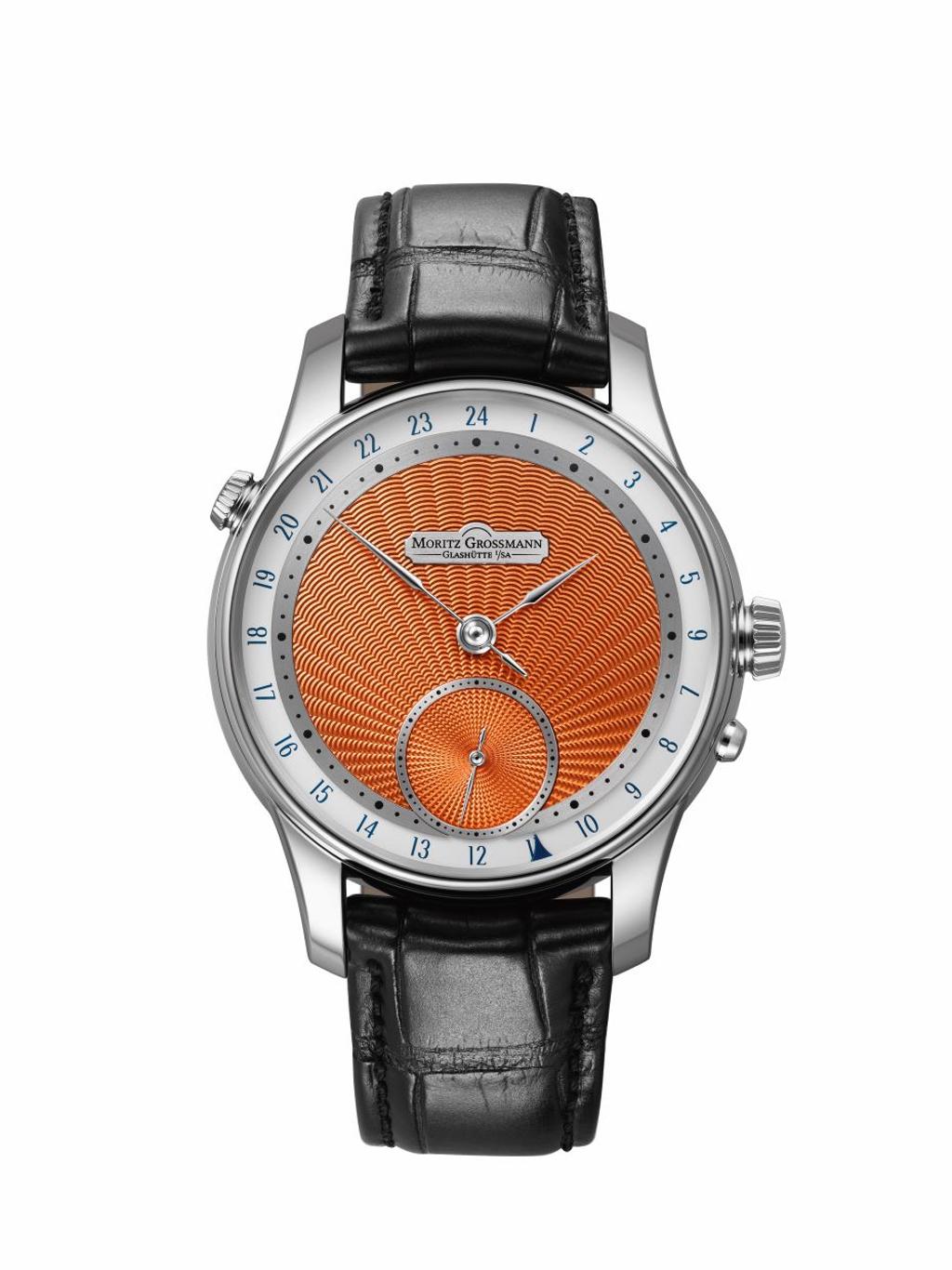 獨立製表Moritz Grossmann發表全新GMT Guilloche腕表,特別將「全球首發」的優先權留給台灣,橘色款已蒙收藏,210萬元。(圖/瑞博品)