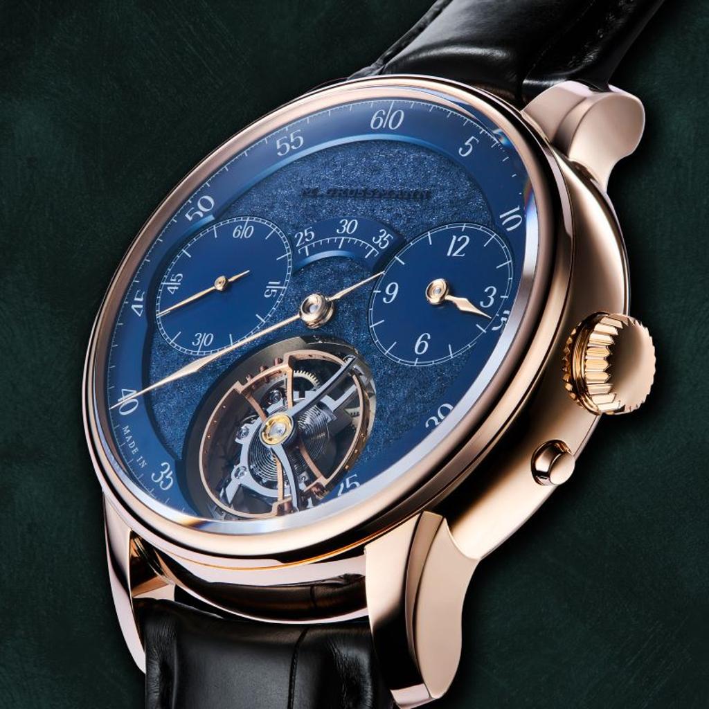 Moritz Grossmann推出台灣限定TOURBILLON Tremblage陀飛輪腕表藍面款,718萬元。(圖/瑞博品)