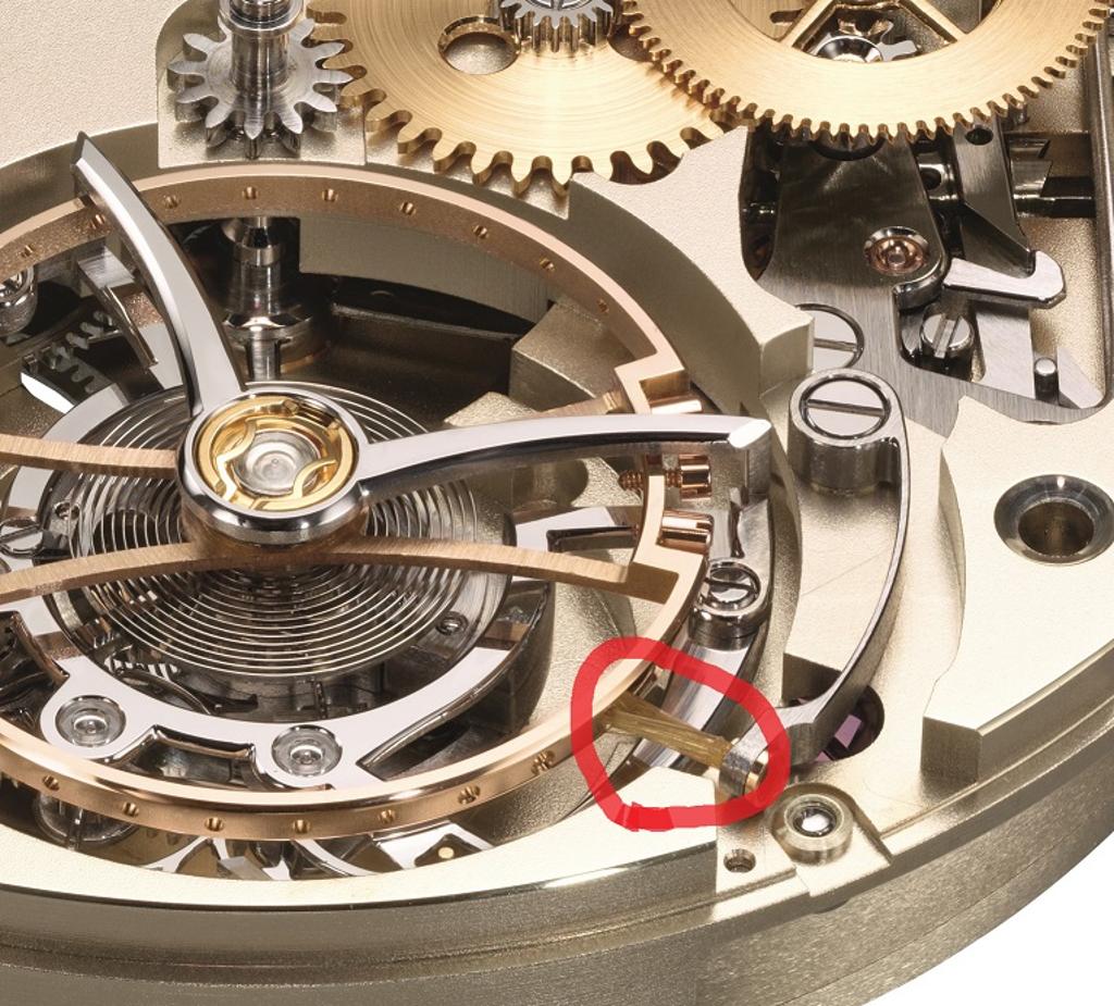Moritz Grossmann的陀飛輪機芯採用髮束(圖片右下角)來停秒。(圖/瑞博品)