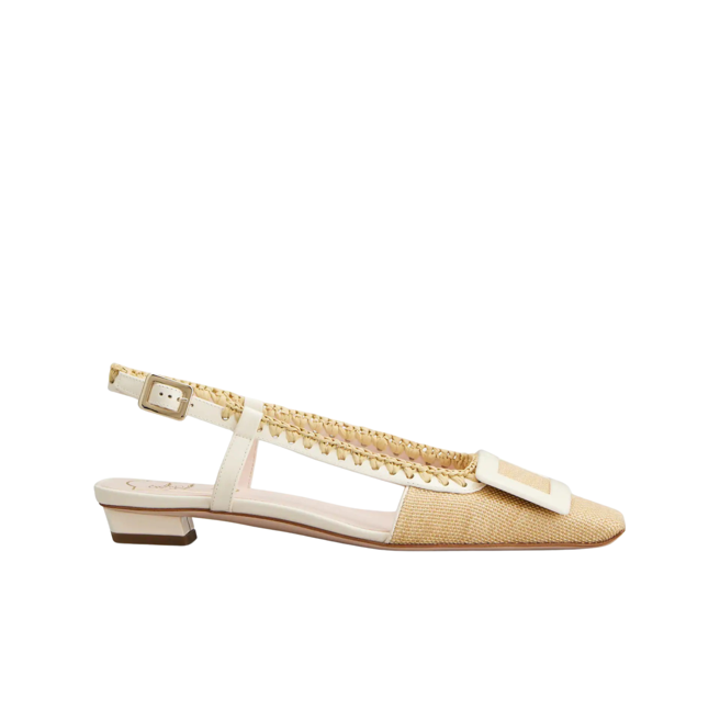 Roger Vivier Belle Vivier 拉菲草编织鞋带白扣露跟鞋，4万2000元。（Roger Vivier提供）