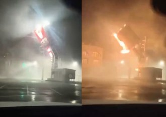 台南大賣場遭強風吹襲　招牌直接折斷「躺好躺滿」