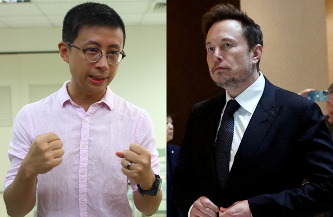 黃豪平發文稱馬斯克（右）是「美國呱吉（左）」。（圖／張立勳攝、路透社）
