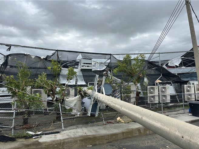台南市北門區一家蘭園遭風災重創，廠房還遭電線杆壓垮。（台南市農業局提供／程炳璋台南傳真）