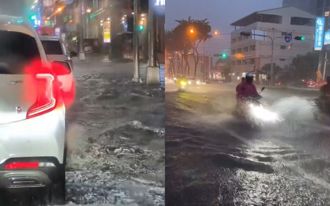 影》入夜雨炸台中 「车道变小河」 水淹马路行车掀浪花