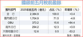 國銀前五月賺2,385億創同期高