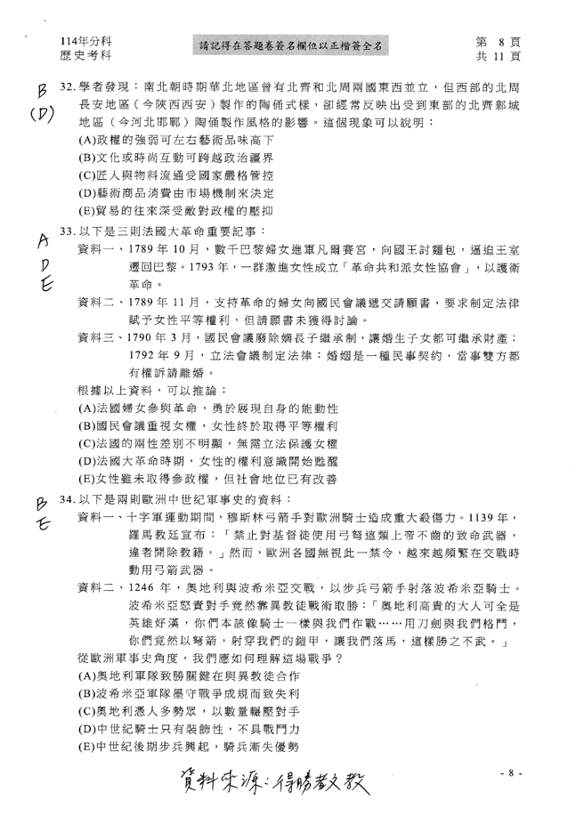 114分科歷史科简答