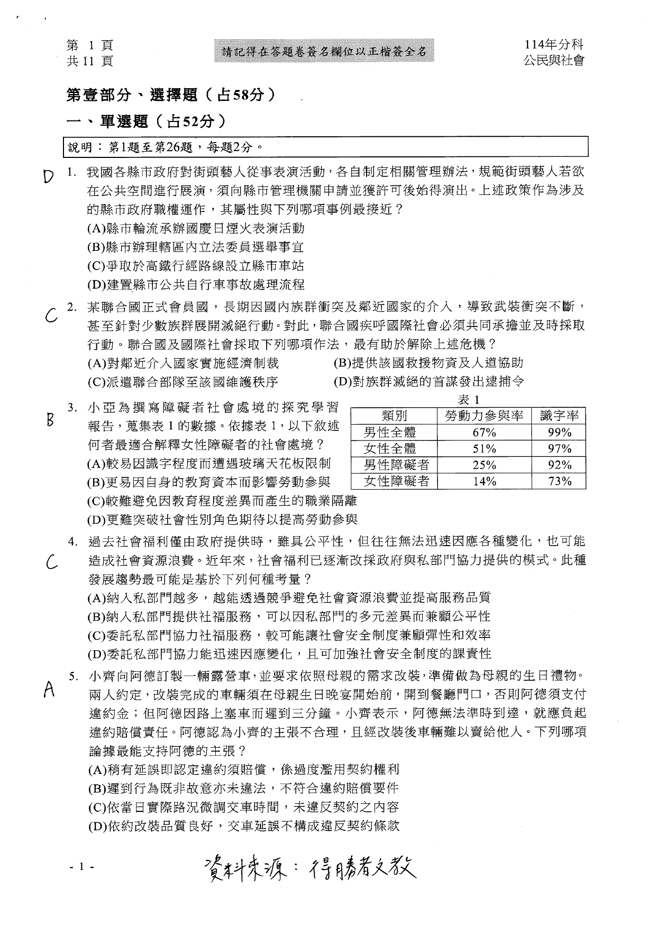 114分科公民科簡答