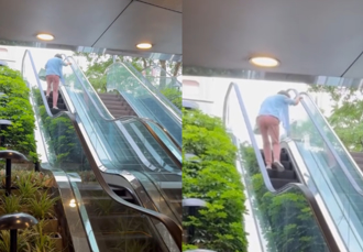 防空警報逼出極限！婦手扶梯上狂「倒退嚕」 網笑：15萬的壓力